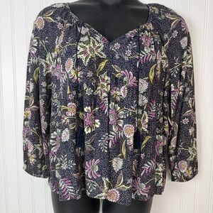 Old Navy Shirt Women's Large Black Pink Floral‎ Flowy Boho Peasant Blouse NWT